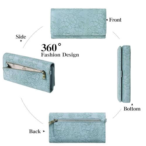 GAEKEAO Wallets for Women Vegan Leather RFID Blocking Card Holder Trifold Ladies Long Purse Wristlet Clutch with 3 ID Windows - color: Blue