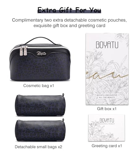 BOYATU Travel Makeup Bags Cosmetic Organizer Bag: 3 Pcs Set Large Capacity Make up Bag with Compartments - Waterproof Leather Toiletry Bags with Handle for Women (B-Blue) - color: B-Blue