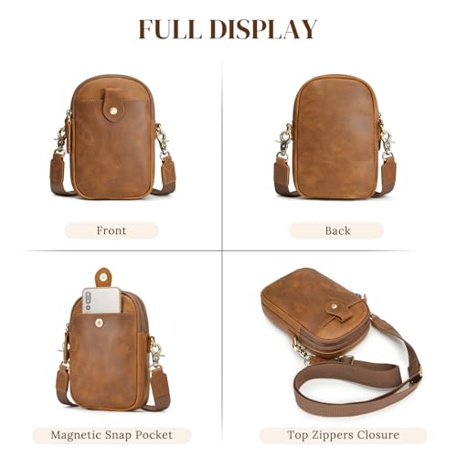 S-ZONE Small Crossbody Bags for Women RFID Blocking Leather Phone Purses | Crazy Horse Leather, Multi Pockets, Trendy Adjustable Wide Strap, Compact Shoulder Purse for Daily Dating Travel - color: Light Brown