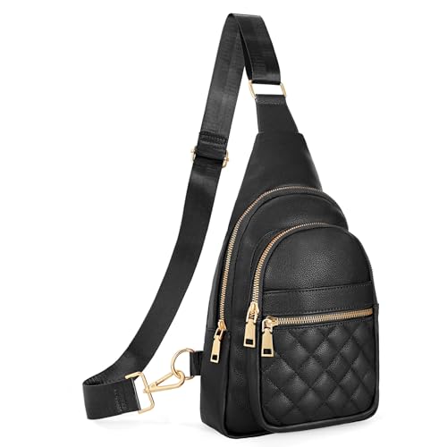 Sling Bag for Women Crossbody Leather Fanny Packs Chest Bag Fashion Sling Backpack Travel JASGOOD - color: Black-gold