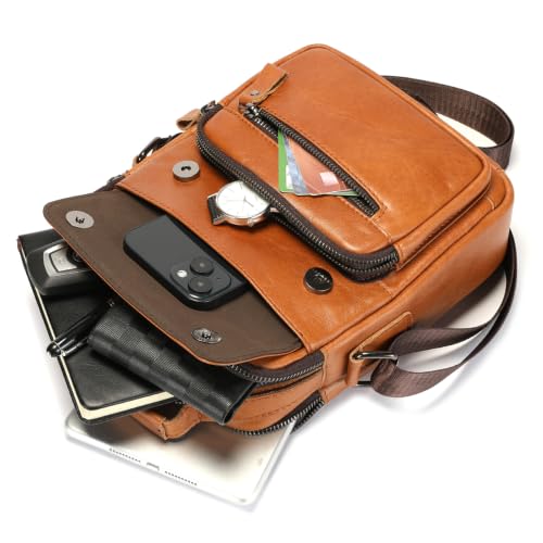 Mens Shoulder Bag Leather Crossbody Bags Leather Sling Bag Messenger Bags | LEBULLBRO Shoulder Bag for Men Crossbody Bags Leather Sling Bag Messenger Bags with Multiple Pockets Business - color: Yellow Brown