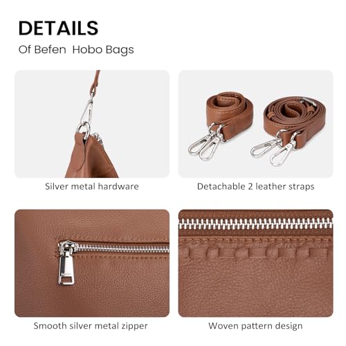 befen Genuine Leather Crossbody Hobo Purse for Women Soft Lightweight Leather Handbags with 2 Removable Straps - color: Cognac Brown
