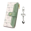 Women's Bifold Long Wallet, Slim & Thin RFID Blocking Floral Vegan Leather Card Holder with Bow Keychain (Green) - color: Green