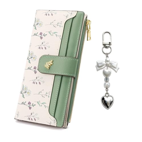 Women's Bifold Long Wallet, Slim & Thin RFID Blocking Floral Vegan Leather Card Holder with Bow Keychain (Green) - color: Green