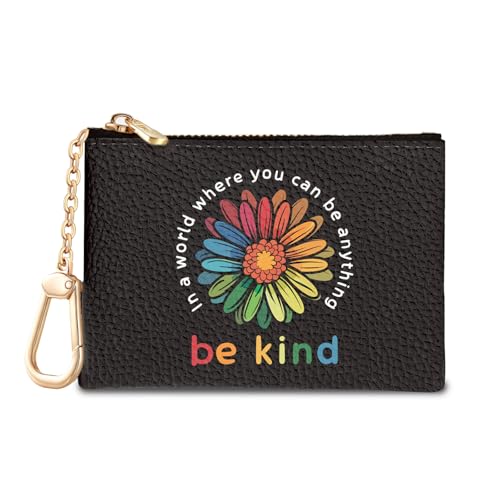 Flower Be Kind Keychain Coin Purse for Women, Small Change Pouch | Cute Key Chain Purse, Little Mini Zipper Pocket, PU Leather, Travel Wallet for Girls, Coin Cash Holder, Key Ring, Women Gifts - color: Be kind