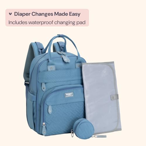 BabbleRoo Diaper Bag Backpack - Baby Essentials Travel Tote - Multi function Water Resistant Diaper Bag, Travel Essentials Baby Bag with Changing Pad, Stroller Straps & Pacifier Case - Light Blue - color: Light Blue, size: Large