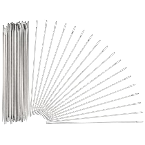 HARFINGTON 100 Pcs Sewing Needles 0.07 x 5 Inch Stainless Steel Big Eye Embroidery Thread Beading Leather Needle Upholstery Hand Sewing Awl for Art Craft Stitching Home Repair, Silver - size: 0.07 x 5 Inch