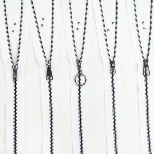 #5 Heavy Duty Metal Zipper 5 Pieces 1 Yard Long Each(White/Black Teeth) - color: White/Black Teeth