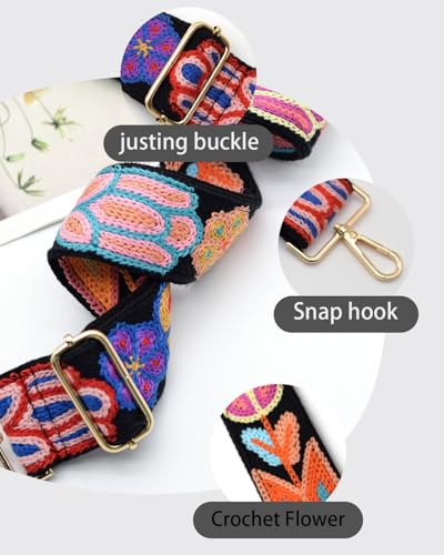 Embroidered Purse Straps Replacement Crossbody Wide Adjustable Bag Straps | Thick Purse Strap for Crossbody Bags,Extra Long Strap,Cross Body Straps for Handbags,Bag Straps for Tote Bags,Shoulder Straps - color: Black Flower 2
