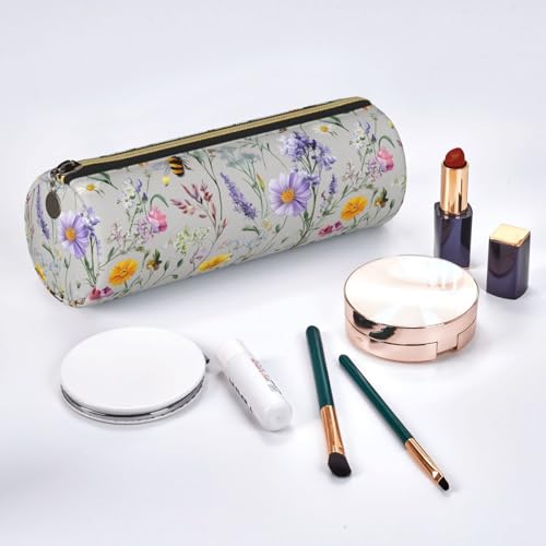 OSAM SPACE Leather Pencil Case Round Pencil Bag Flowers Plant Butterfly Bees Pen Organizer Holder Portable Zipper Pouch Cute School Supplies for Girls Boys Study Office - color: Flowers Plant Butterfly Bees