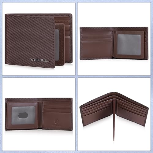 VISOUL Mens Carbon Fiber Leather Bifold Wallet with 2 ID Windows, RFID Blocking Stylish Wallet for Men with 2 Cash Compartments (Brown+Brown) - color: Brown+Brown
