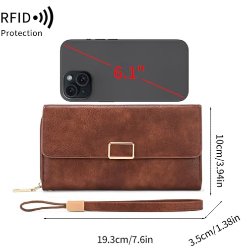 Women Leather Wallet Crossbody Shoulder Bag with Double Zipper and Mobile Phone Purse with Shoulder Strap - color: 367-brown