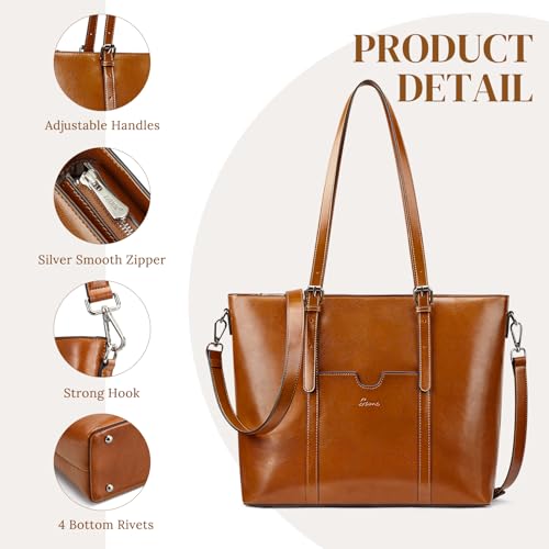 S-ZONE Women Genuine Leather Laptop Tote Bag Shoulder Handbags 15.6 Inch Purse | Soft Genuine Leather, Large Capacity, Fits 15.6-Inch Laptop, Business or Travel, Bottom Metal Feet - color: Light Brown
