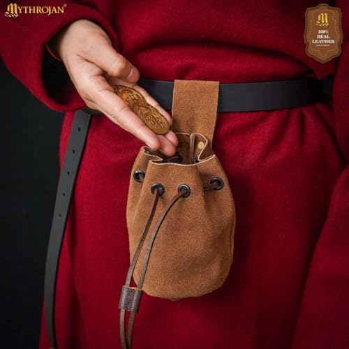 Drawstring Belt Bag Renaissance Costume Accessories Medieval Suede Leather Purse Viking Coin Jewelry Pouch Waist Bag for LARP, Festivals, Renfaire, Reenactments Brown- 5" x 6" - style: Tortilla Brown- 5" X 6"