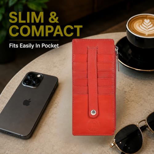 Leatherboss Genuine Leather Women's All in One Credit Business Card Case Holder Slim Zipper Wallet With a Card Protection Strap, Red - color: Red