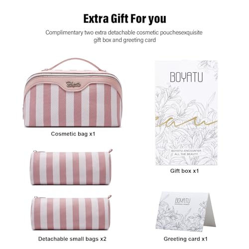 BOYATU Travel Makeup Bag for Women: 3 Pcs Set Striped Make up Bag,Pink | Vegan Leather Cosmetic Bags with Compartments - Waterproof Large Capacity Toiletry Bags - 180° Open-Flat Makeup Organizer - color: A-3-Pink
