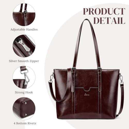 S-ZONE Women Genuine Leather Laptop Tote Bag Shoulder Handbags 15.6 Inch Purse | Soft Genuine Leather, Large Capacity, Fits 15.6-Inch Laptop, Business or Travel, Bottom Metal Feet - color: Coffee