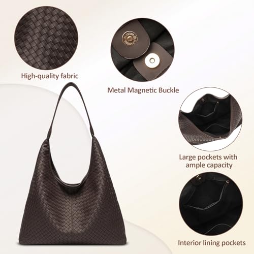Woven Textured Vegan Leather Hobo Tote Bag Large Slouchy Purse for Women | Trendy work handbag with magnetic closure and interior pockets. Chic aesthetic satchel ideal to carry daily travel essentials - color: Coffee