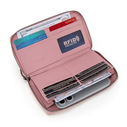 Wrangler Pink Wallet for Women Ladies Female Leopard Print Large Wristlet Wallets, Card Cases & Money Organizers Clutch Phone Wallets Western Credit Card Zipper Wallet with RFID Lining - color: Leopard-Pink