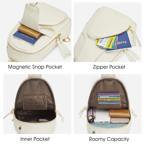 Kattee Sling Bag for Women, Leather Crossbody Bags for Travel, Beige. | Top grain pebbled cowhide leather fanny pack crossbody purse. Small chest bag with RFID blocking for travel. - color: Beige