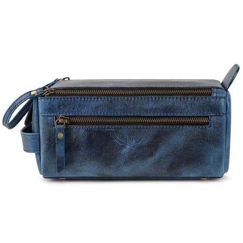 Premium Handmade Leather Toiletry Bags for Men and Women, Genuine Leather Dopp Kit and Shaving Bag for Men, Travel Cosmetic Bag for Women's and Men's, Zipper Pocket, Navy - color: Navy Blue (Large)