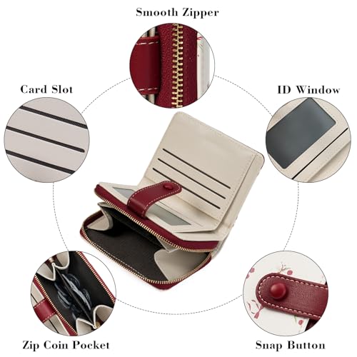 GAEKEAO Small Wallet for Women Vegan Leather Bifold Card Holder RFID Blocking Ladies Purse Floral Pattern with Zipper Pocket - color: Y01-Wine Red