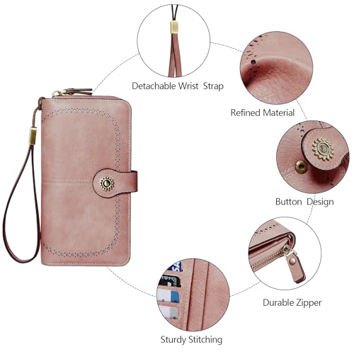 TFKGS Wallet for Women RFID Blocking Leather Large Capacity Card Holder Ladies Phone Clutch Travel Long Purse Wristlet | RFID Blocking - color: 1-Pink