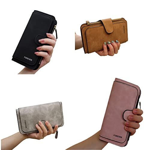 Womens Long Leather Wallet, RFID Blocking Leather Pocket Wallet Ladies Mini Purse with ID Window - color: Long-coffee
