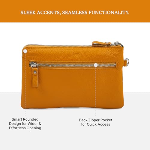 Leather Wristlet Wallet for Women Clutch Handbag Purse with Cell Phone Slot | Genuine Top Grain Leather, 8 Credit Card Slots, Detachable Strap, YKK Zipper, Gifts for Women - color: Mustard Nappa