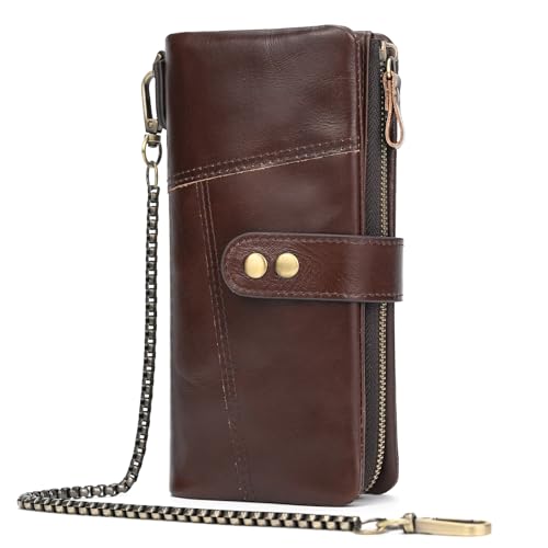 Motorcycle Chain Wallet for Men Tri-fold Long Biker Wallet with Heavy Duty Chain for Bikers Truckers Hunters - color: 50 YP-Coffee