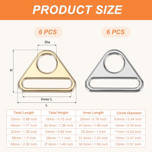 PATIKIL Triangle Buckle Adjuster, Triangle D Ring Metal Buckles with Bar Swivel Clip for Bag Straps Webbing Dog Tag Clip - color: Silver/Light Gold, size: 0.8 Inch