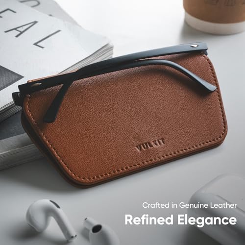 VULKIT Leather Glasses Case, Ultra Slim Sunglasses Case, Two Fixed Modes, Fits Most Eyeglasses & Sun Glasses - color: Mocha Tan