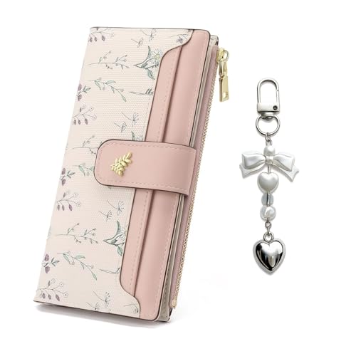 Women's Bifold Long Wallet, Slim & Thin RFID Blocking Floral Vegan Leather Card Holder with Bow Keychain (Pink) - color: Pink