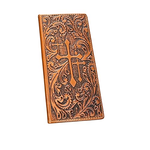 Men’s Western Long Leather Wallet – Handmade Embossed Cross Design, Tooled Rodeo Cowboy Bifold Checkbook Wallet, Slim Western Wallet for Cowboys & Ranch Wear (L Brown) - color: L Brown