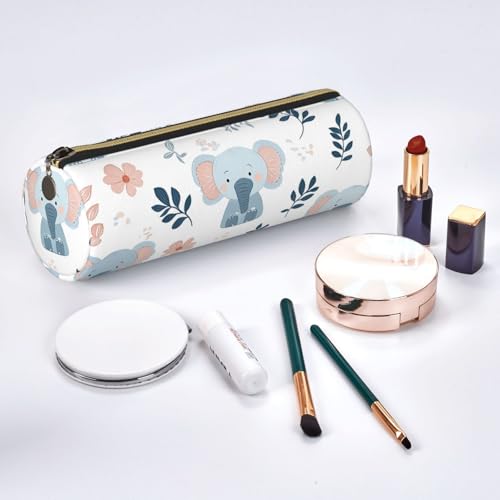 OSAM SPACE Leather Pencil Case Round Pencil Bag Cute Elephant Flowers Pen Organizer Holder Portable Zipper Pouch Cute School Supplies for Girls Boys Study Office - color: Cute Elephant Flowers