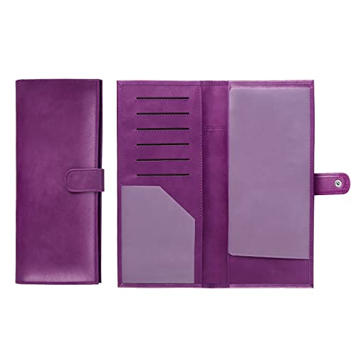 LLi Cufite Business Size and Travelers Check Large Checkbook Cover for Side & Top Tear Checks, Deposit Tickets, Companion Checks, Leather Check Book Cover with Duplicate Check Sleeve & Card Slots - color: Purple