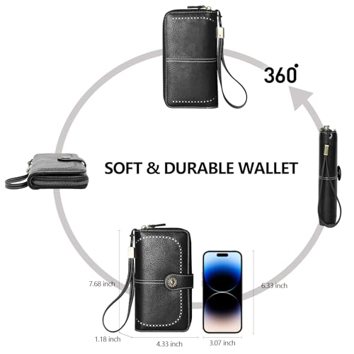 TFKGS Wallet for Women RFID Blocking Leather Large Capacity Card Holder Ladies Phone Clutch Travel Long Purse Wristlet | RFID Blocking - color: 1-Black