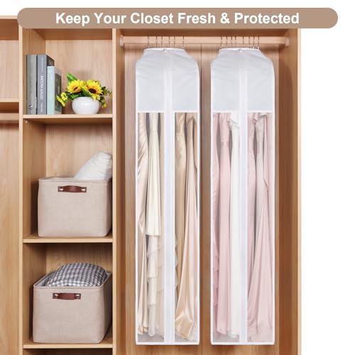 60 Inch Premium Cotton Garment Bag for Hanging Clothes and Storage | 3 Pack, Dress Bags for Gowns, Breathable Cotton Fabric, Extre Large 10" Gusseted, Organza Window, Full Zipper, For Long Dress - size: 10"W x 60"H-3pcs