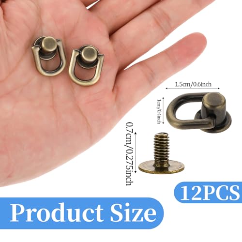 12Pcs D Ring Stud Screw Ball Head Buttons Bronze Stud Screw Bronze Ball Studs Rivets with D Ring Metal Rings Rivets Post Head Buttons for Leather Purse Wallet Straps Handbag DIY Accessories