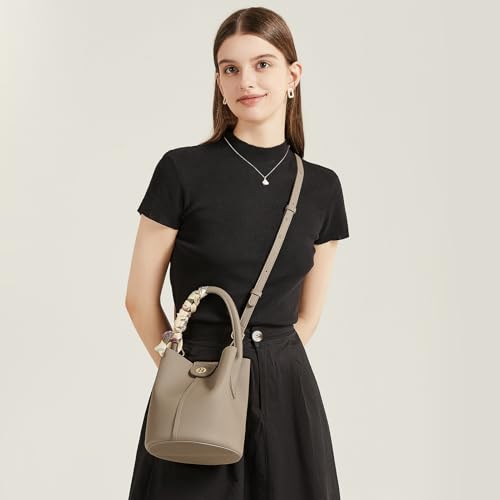 BOSTANTEN Small Crossbody Bags for Women Vegan Leather Purse Bucket bag | Removable Shoulder Strap, Mini and Cute, With Silk Scarf, Designer and Trendy, Soft Casual for Everyday Travel - color: Camel Brown
