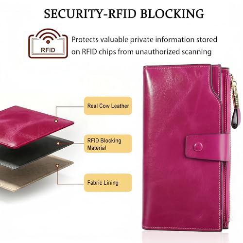 YALUXE Women's RFID Real Leather Wallet with 21 Card Slots Phone Pocket - color: 7- Waxed Pink, size: Genuine Leather