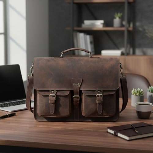 Vintage Leather Messenger Bag for Men & Women, Multi-Pocket Briefcase Satchel, Laptop Shoulder Bag - size: 18 inch Large