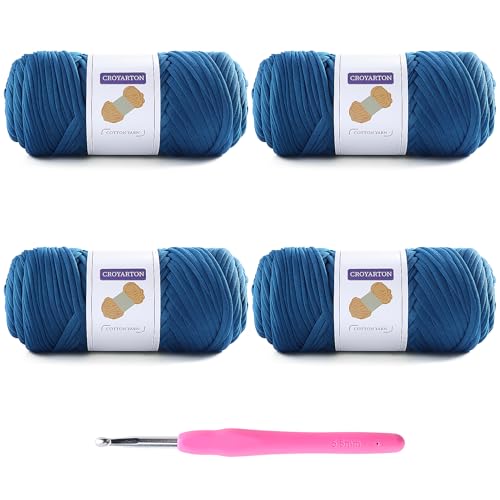 4 Pack Tshirt Yarn for Crocheting, Elastic T Shirt Spaghetti Thick Knitting Yarn Total Length 260 Yds for Crochet Bag Baskets Home Decor with 1 Crochet Hook (4-Dark Blue) - color: 4-Dark Blue