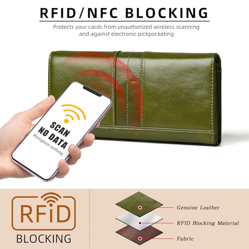 RFID Blocking Wallets for Women Leather Long Ladies Wallet Bifold Womens Wallet with Coin Pocket ID Window,Green - color: Green