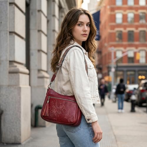 Crossbody Bags for Women, Medium Vegan Leather Purses | Large Capacity Multi-Pocket Embossed Shoulder Bag with Boho Strap for Daily Travel - color: Red