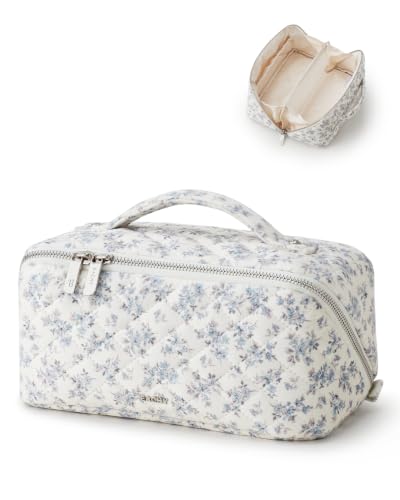 EACHY Quilted Makeup Bag, Cotton Floral Cosmetic Bag for Women, 180° Wide-Open Flat Travel Toiletry Bag, Large Capacity Makeup Pouch with Divider and Handle - color: CB-Purple Floral, size: Medium