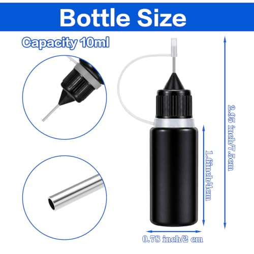 12pcs Black Precision Tip Applicator Bottles 10ml Fine Metal Needle Tip Squeeze Bottles for Glue Liquid Acrylic Painting DIY Paper Quilling Crafts Leak-Proof with Protective Caps