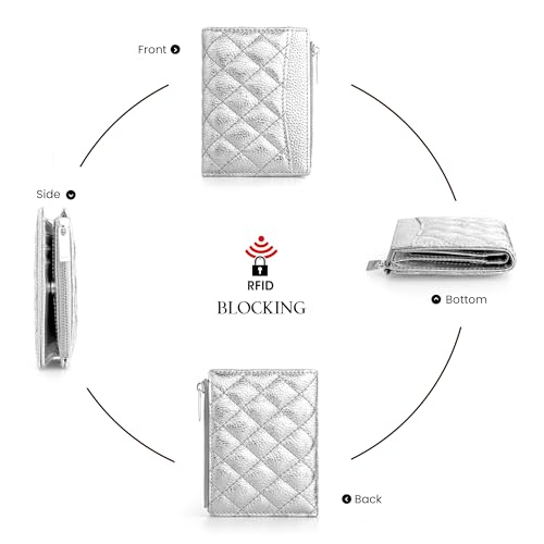 befen Genuine Leather Slim RFID Bifold Wallet Women with Zipper Pocket Keychain - Metallic Silver Purse - color: Silver