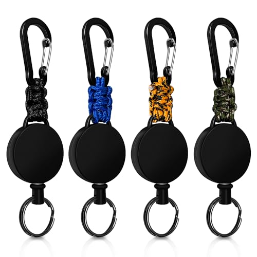 Retractable Keychain 4 Pieces Heavy Duty Carabiner Badge Holder Retractable Badge Reel ID Holder Extendable Key Ring Key Holder (Black + Green + Blue + Orange-Black) - color: Black + Green + Blue + Orange-black