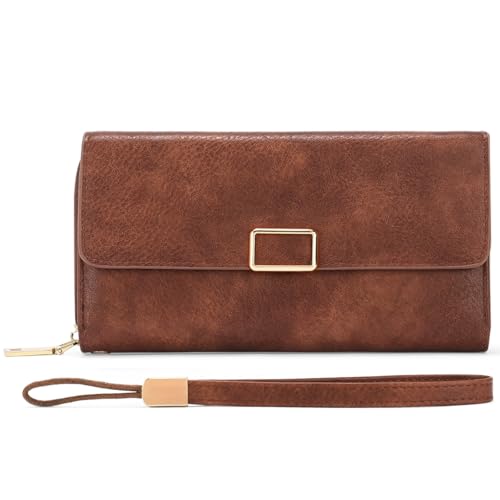 Women Leather Wallet Crossbody Shoulder Bag with Double Zipper and Mobile Phone Purse with Shoulder Strap - color: 367-brown